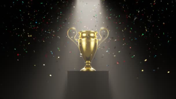 Золотой Трофей Чемпиона Помещен Возвышенную Платформу Черном Фоне Шини Награда — стоковое видео