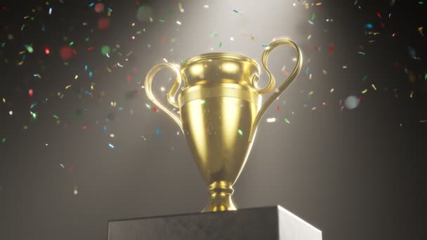 冠军金杯放在一个黑色背景的高台上 辛尼奖在聚光灯下与下落五彩斑斓的圆饼 奖品的概念 Uhd — 图库视频影像