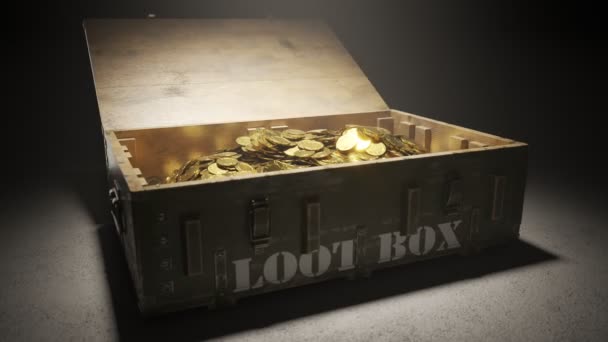 一个装满闪闪发光的金币的木盒的动画 老式容器 通常用于运输弹药和颗粒 装有贵重货物的军用板条箱 国库运输 — 图库视频影像