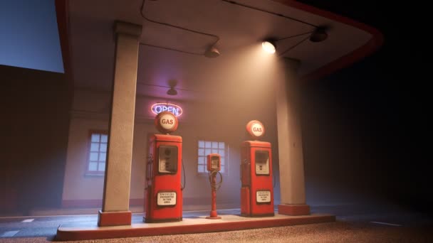 加装汽油和油泵的复古加油站的动画 迷人的夜景被雾蒙蒙的气氛包围着 24小时开放 汽油罐和咖啡店 66号公路汽车服务 — 图库视频影像