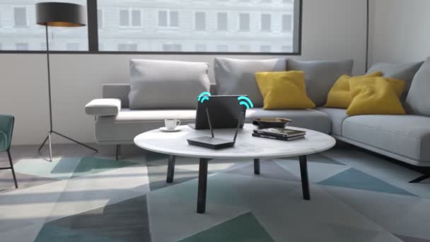 Luminoso Router Nero Piedi Sul Tavolo Nell Appartamento Dispositivo Elettronico — Video Stock