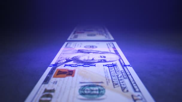 Montón Dólares Americanos Revisados Por Detector Luz Ultravioleta Buscando Dinero — Vídeos de Stock