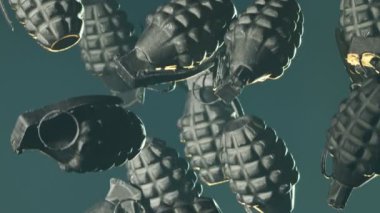 Düşen MK2 el bombalarının kusursuz döngü animasyonu. Birçok ananas el bombası yavaşça koyu yeşil arka plana düşüyor. Sonsuz savaşı, silahı, askeri, terörizmi temsil edebilir. 4K HD