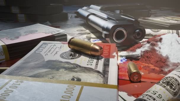 一小堆子弹和一把枪放在桌子上 上面布满了数不清的美元钞票 一小堆白粉 腐败和犯罪的象征 地下黑社会毒品生意 — 图库视频影像