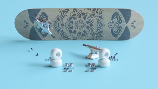 스케이트 애니메이션은 순서대로 보드의 요소를 보여줍니다 놀이쇠 부속품은 갑판으로 움직이고 — 비디오