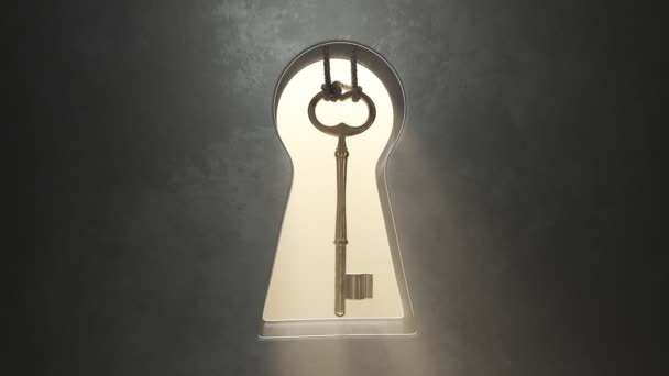 자물쇠 구멍의 중간에 열쇠를 어두운 빛나는 반대편의 안개와 인테리어 거기에 — 비디오