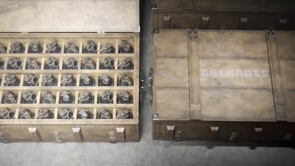 Vista Superior Una Cantidad Infinita Granadas Piña Embaladas Cajas Militares — Vídeos de Stock