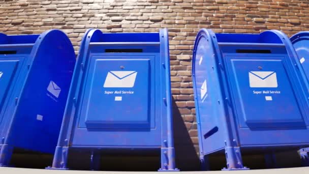 Голубые Почтовые Ящики Стоящие Бесконечном Ряду Напротив Старой Кирпичной Стены — стоковое видео