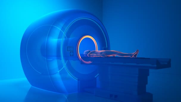 MriまたはCtまたはPetスキャンを取得する医療イメージング機械の患者 トモグラフは男性か女性をスキャンします コンセプトX線スタイル ブルーとオレンジ色のライトを進めます ジェネリック ニュートラルアニメーション — ストック動画