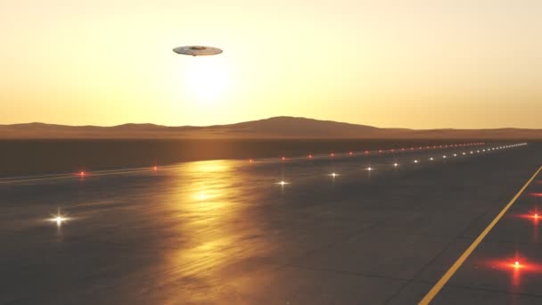 Mimozemská Kosmická Loď Ufo Přistávající Pásu Během Krásného Západu Slunce — Stock video