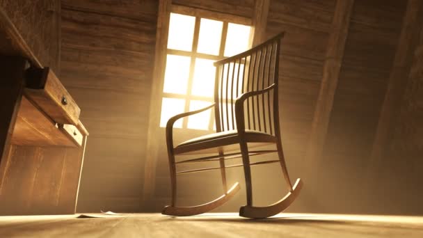 카메라는 오래된 다락방의 중간에 흔들리는 의자에 초점을 맞추고 있습니다 햇빛은 — 비디오