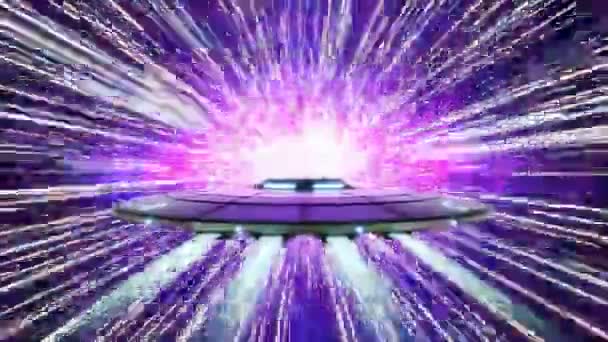 Latający Spodek Pozaziemski Podróżujący Przez Wszechświat Ogromną Prędkością Futurystyczna Technologia — Wideo stockowe