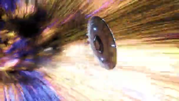 カラフルなスタートンネルを通過する超高密度飛行円盤 極端なスピード 未来のエイリアン宇宙船技術 ハイパースペース旅行 ミステリーSf アニメーションのループ — ストック動画