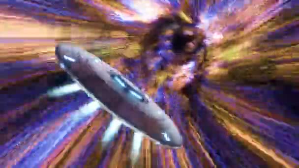 Platillo Volador Extraterrestre Viajando Través Colorido Túnel Estelar Velocidad Extrema — Vídeos de Stock