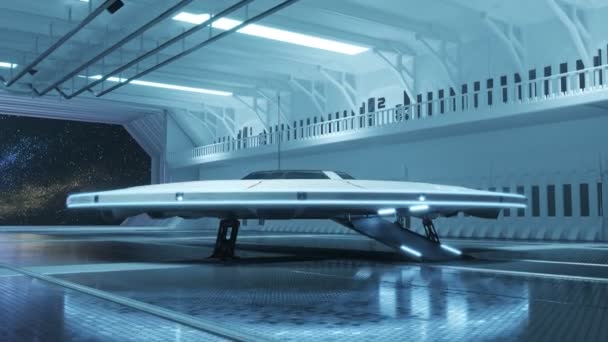 Disco Voador Metal Branco Hangar Nave Extraterrestre Preparar Para Invadir — Vídeo de Stock