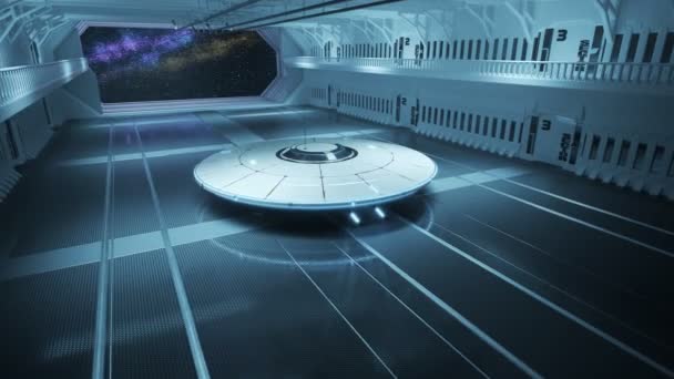 Fliegende Untertasse Aus Weißmetall Steht Einem Hangar Außerirdische Raumschiffe Bereiten — Stockvideo