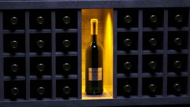 Şarap Mahzeni Bir Şişe Ayakta Duruyor Spot Işıklarıyla Işaretlenmiş Diğer — Stok video