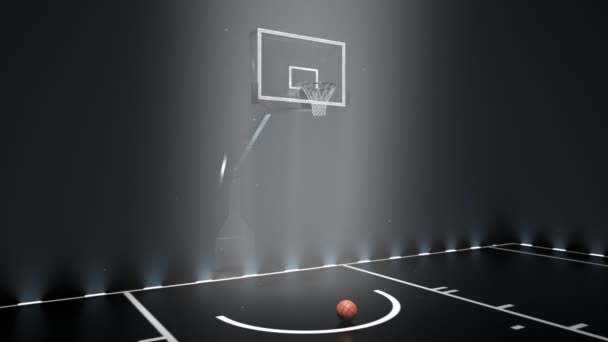 バスケットボールコートの半分を見る カメラは パーケットにボールが横たわっているバスケットフープを示すフープの周りに焦点を合わせ ゆっくりと回転します 煙とほこり 競争の前に バスケットで遊ぼう — ストック動画