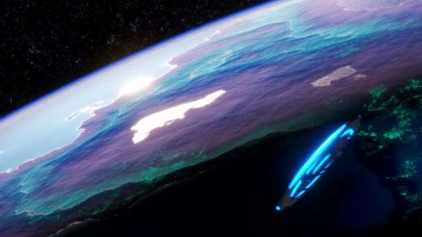 超高速 回転する地球外飛行円盤は カラフルなエイリアン惑星に着陸します 興味深い鮮やかな色の架空の天体の外宇宙探査 ライトを回転する宇宙船 — ストック動画