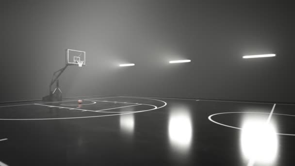 バスケットボールコートのサイドビュー カメラ自体がゆっくりと回転し 全体を示しています スポットライトは煙と塵を照らしています 競争の前に バスケットをしよう Nbaについて Wnbaについて — ストック動画