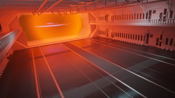 白色金属飞碟通过明亮 弹性的橙色力场飞进机库 外星宇宙飞船抵达 Ufo号宇宙飞船在战斗后的维修 — 图库视频影像