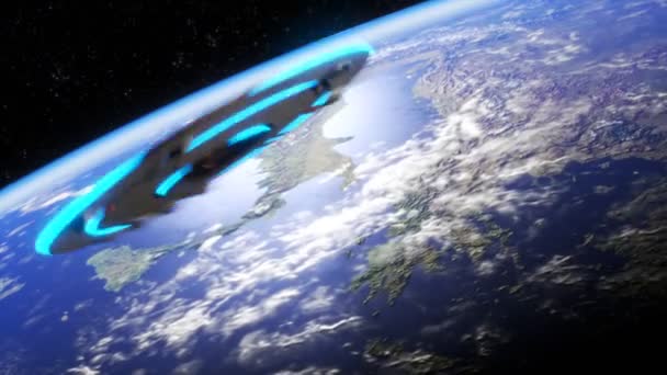 地球上に着陸する超高速回転する地球外飛行円盤 宇宙のエイリアンが青い大理石とその住民を侵略する 地中海上を回転する宇宙船 — ストック動画