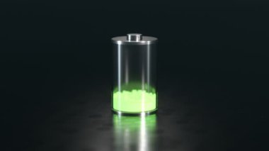 Metal ve camdan yapılmış boş bir şarj pili enerji biriktirir. Güç seviyesi yeşil hücrelerin arttığını gösteriyor. Sarı ışıklandırma simgesi şarj sürecini gösteriyor. 3B hazırlama 4K