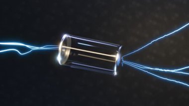 Metal ve camdan yapılmış boş bir şarj pili enerji biriktirir. Güç seviyesi yeşil hücrelerin arttığını gösteriyor. Sarı ışıklandırma simgesi şarj sürecini gösteriyor. 3B hazırlama 4K