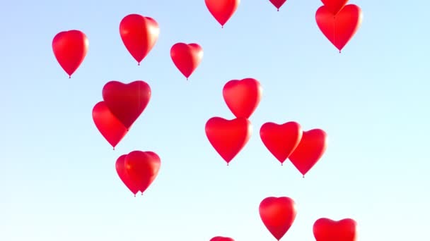 Viele Herzförmige Rote Luftballons Schwebten Den Himmel Liebe Romantik Für — Stockvideo