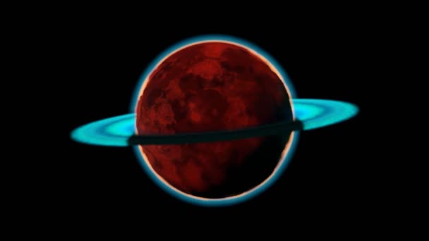 外太空红行星 有明亮的蓝色环状系统 太阳在背后闪着光芒 红色的沙漠行星 黑色背景的火山活动在空旷的空间中 3D动画与幻想世界 — 图库视频影像