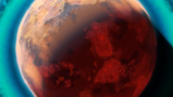 輝く青いリングシステムを持つエイリアンレッド惑星 太陽は背景に輝いている 赤い砂漠の惑星は 空のスペースで黒い背景で火山活動をしています ファンタジーグローブによる3Dアニメーション Hdについて — ストック動画