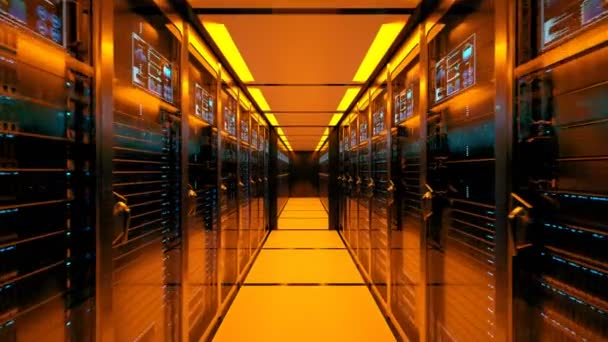 Moderner Moderner Serverraum Mit Orangefarbenem Licht Langer Korridor Geteilt Durch — Stockvideo
