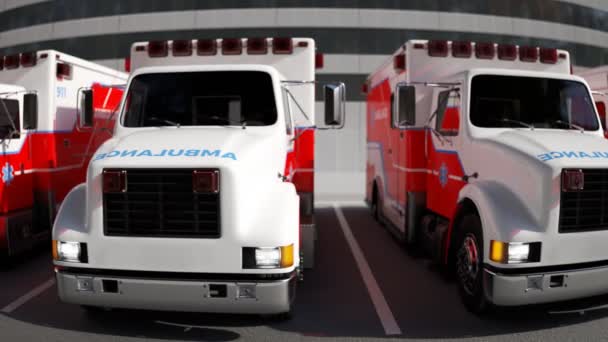 Rad Ambulansbilar Står Parkeringen Framför Ett Sjukhus Modern Nödutrustning Redo — Stockvideo