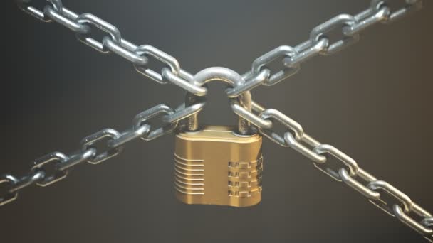 在一个有四条链子的挂锁前的特写镜头 象征着强大的保护 没有办法破坏安全系统 重要数据和文件的安全性 聚光灯 — 图库视频影像