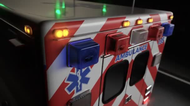 救护车上五颜六色的灯光闪烁着 闪烁着 专业护理人员反应小组匆忙赶到了事故现场 相机特写 无缝隙 环路动画 — 图库视频影像