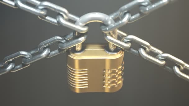 在一个装有四条锁链的挂锁前放大视野 象征着强大的保护 没有办法破坏安全系统 重要数据和文件的安全性 聚光灯 — 图库视频影像