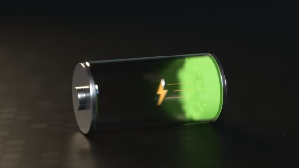 金属とガラスで作られた空の充電式バッテリーがエネルギーを蓄積しています 緑色の細胞が増加していることを示すパワーレベル 充電プロセスを示す黄色い照明アイコンインジケータ 3Dレンダリング — ストック動画