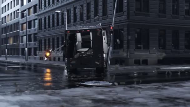 Egy Nehéz Fekete Páncélozott Rablást Követtek Belvárosban Esős Időben Banki — Stock videók