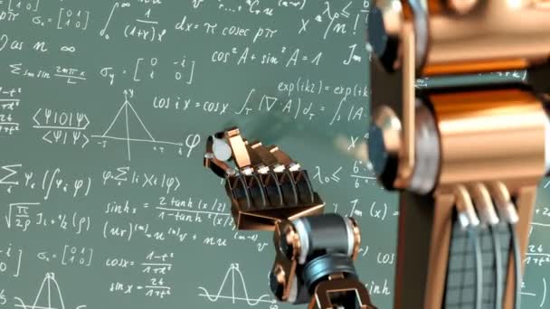 Futuristiska Robot Arm Skriva Den Gröna Tavlan Komplicerade Matematiska Formler — Stockvideo