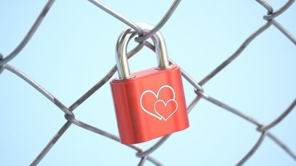动画中 红色的挂锁挂在桥的栅栏上 两颗白心脏交错在一起的形状 象征着无尽的爱和忠诚 永远在一起 唯一的挂锁 情人节 — 图库视频影像