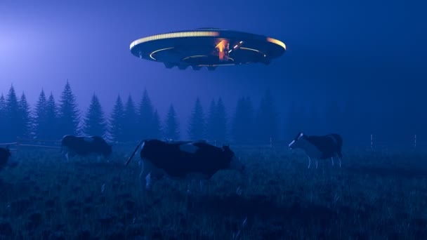 Straszna Scena Nocy Strzałami Ufo Krowy Łące Kosmiczny Statek Kosmiczny — Wideo stockowe