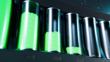 Metal ve camdan yapılmış şarj edilebilir şarj edilebilir enerji birikiminin döngüsü. Güç seviyesi yeşil hücrelerin arttığını gösteriyor. Teknoloji ve elektrik kavramı. 3B hazırlama 4K