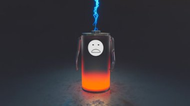 Metal ve camdan yapılmış boş şarj edilebilir bataryaların enerji biriktirmesi çok garip bir kavram. Hücrede akım var. Güç seviyesi renk değişiminin arttığını gösteriyor. Happy pili. 3D 4K