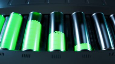 Metal ve camdan yapılmış şarj edilebilir şarj edilebilir enerji birikiminin döngüsü. Güç seviyesi yeşil hücrelerin arttığını gösteriyor. Teknoloji ve elektrik kavramı. 3B hazırlama 4K