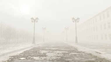 Klasik fenerleri ve soğuk havası olan klasik bir kaldırım taşı caddesi. Yoğun bir kar fırtınası sırasında eski bir yol. Donmuş su birikintileri beyaz kar ve yoğun sis. Bitmek bilmeyen, kusursuz döngü animasyonu.
