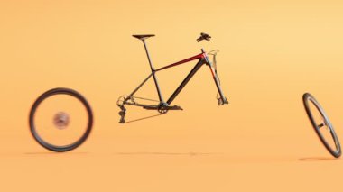 Bisiklet montaj sürecinin döngüsel animasyonu. Tekerlek, zincir ya da dişli olarak metal parçalar bir atölyede birbirine bağlanıyor. Bisiklet bir kutuya tıkıştırıldı ve 4K müşterisine gönderilmeye hazır.