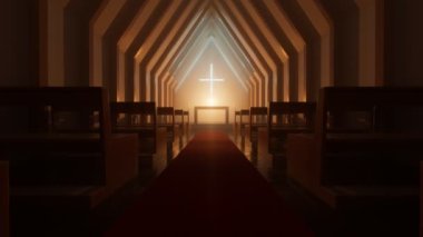 Gece ya da akşam saatlerinde modern minimalist kilise ya da şapelin içinde. İki sıra boş ahşap sıra. Merkezde basit bir alarm. Duvarında haç olan ibadet yeri. Hıristiyanlık, din kavramı