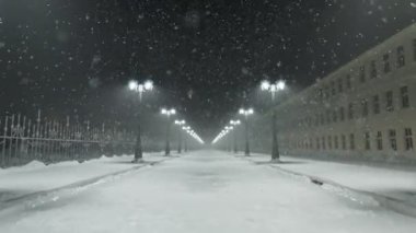 Klasik fenerlerin beyaz karla kaplı olduğu klasik bir cadde. Yoğun bir kar fırtınası sırasında eski bir yol. Yoğun siste güzel bir kış gecesi. Bitmek bilmeyen, kusursuz döngü animasyonu.