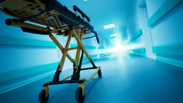 Cama Emergencia Moviéndose Rápido Través Pasillo Vacío Hospital Azul Situación — Vídeo de stock