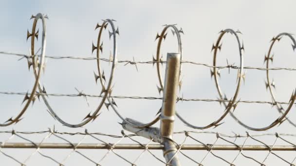 在监狱的室外栅栏前 可以看到人眼了 自由的边界 一个自由的梦想金属护栏 尖尖尖尖 它不能被通过 监狱的院子里墙 — 图库视频影像
